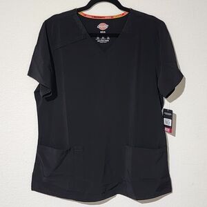 Dickies Women's V-neck Black Scrub Shirt With Two Front Pockets And Pen Pocket